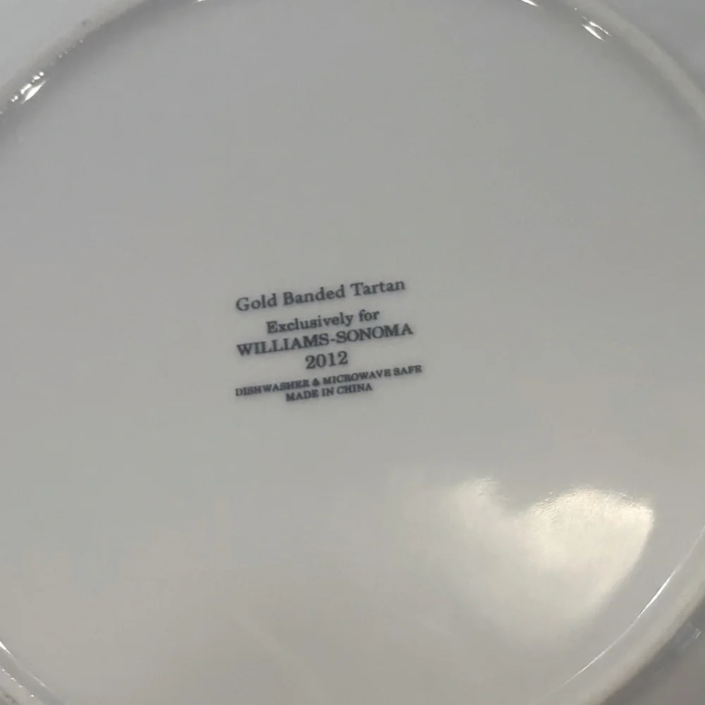 Two Williams-Sonoma Gold Banded Tartan 2012 Plates